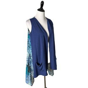 LOGO By Lori Goldstein Open Front Cardigan Size S Blue Sheer Back Coastal Resort